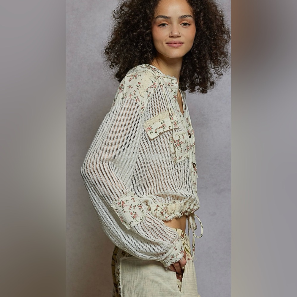 POL NWT Off White/Natural Floral Button-Up Sheer Top with Hood.Rayon/Spandex - Picture 1 of 17